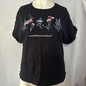 Papaya Floral Graphic T-Shirt Beautiful Life Black Top Tee‎ Size L